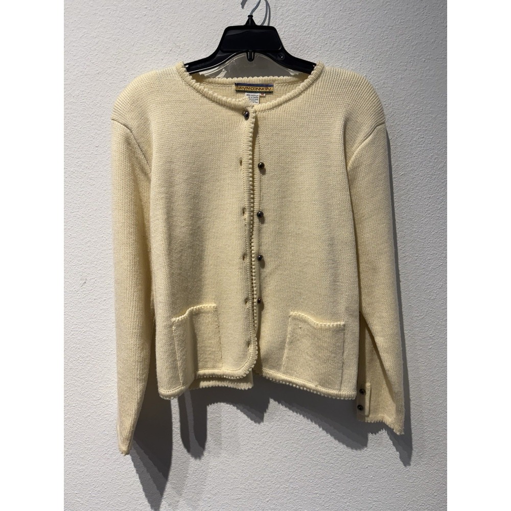 Vtg Bryn Connelly Cream Cardigan Sweater Pewter Buttons Classic Size M Coquette